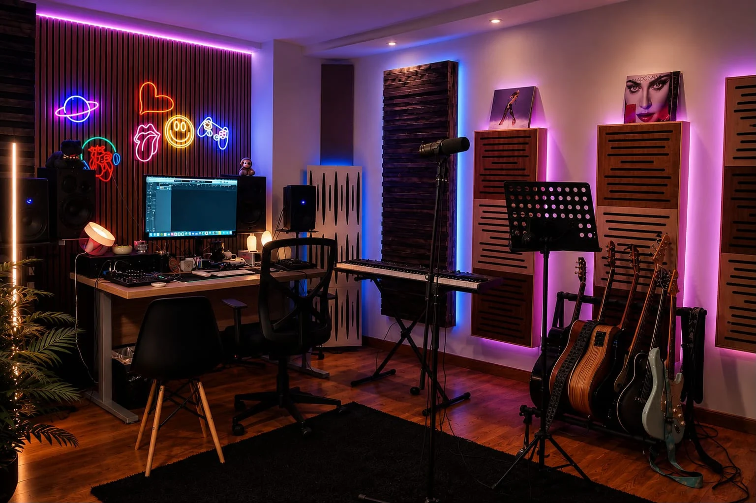 Studio principale RC Voce Produzione con strumenti, microfono e trattamento acustico