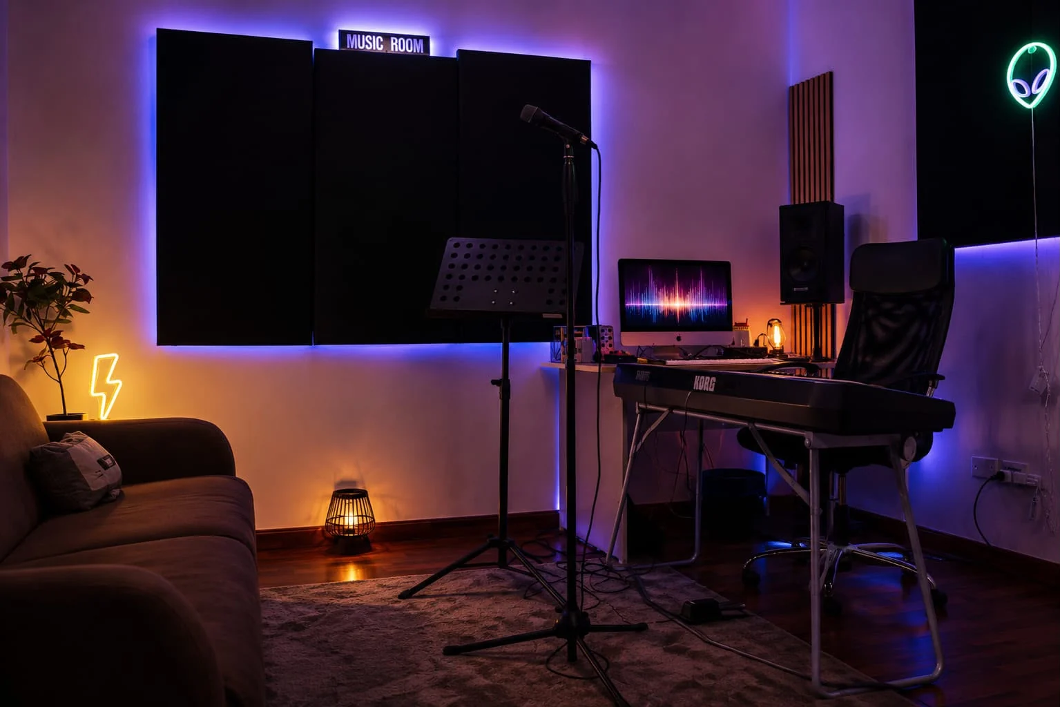 Music room RC Voce Produzione con microfono, tastiera e postazione di lavoro