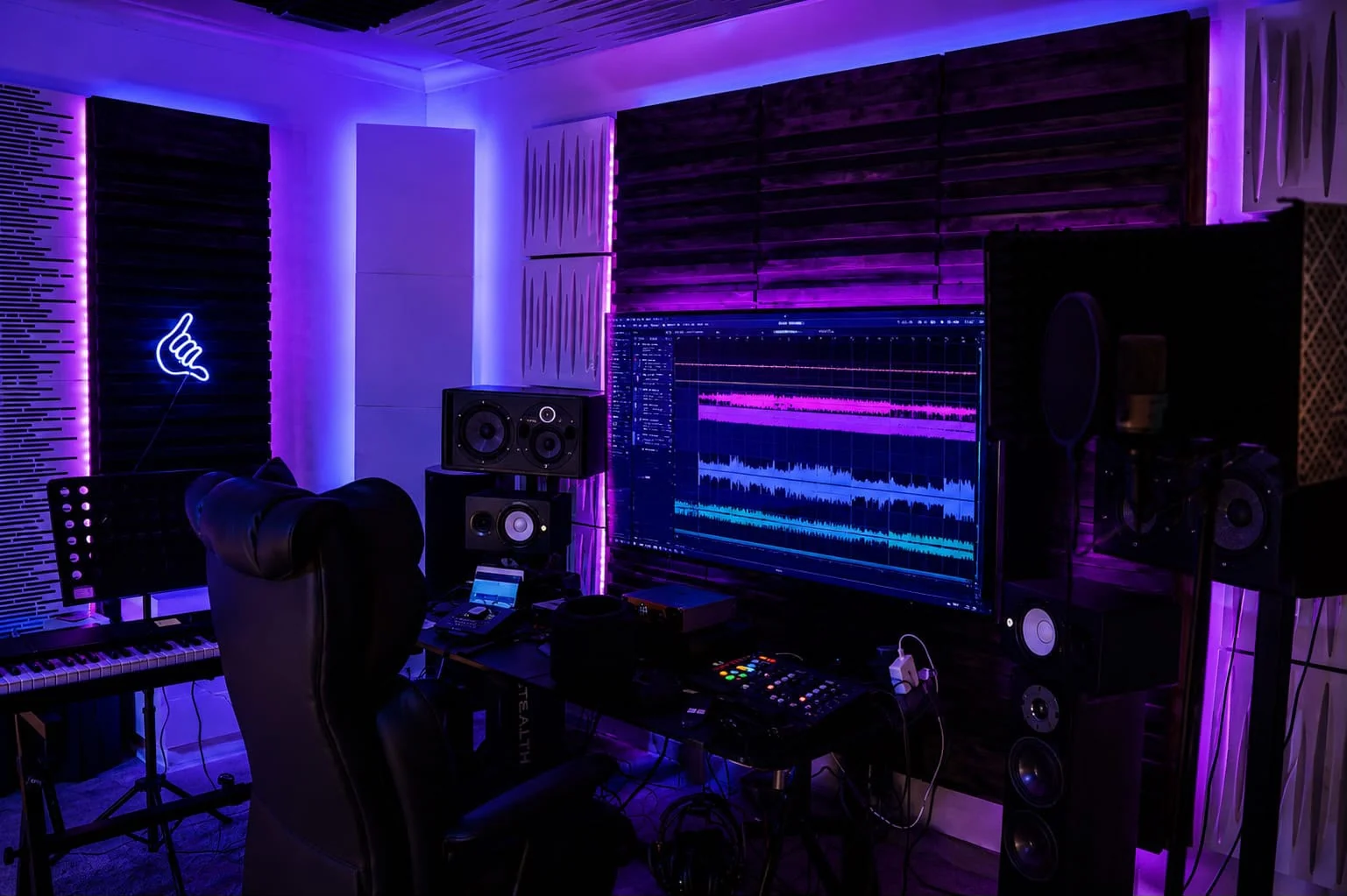 Sala produzione RC Voce Produzione con software audio e microfono